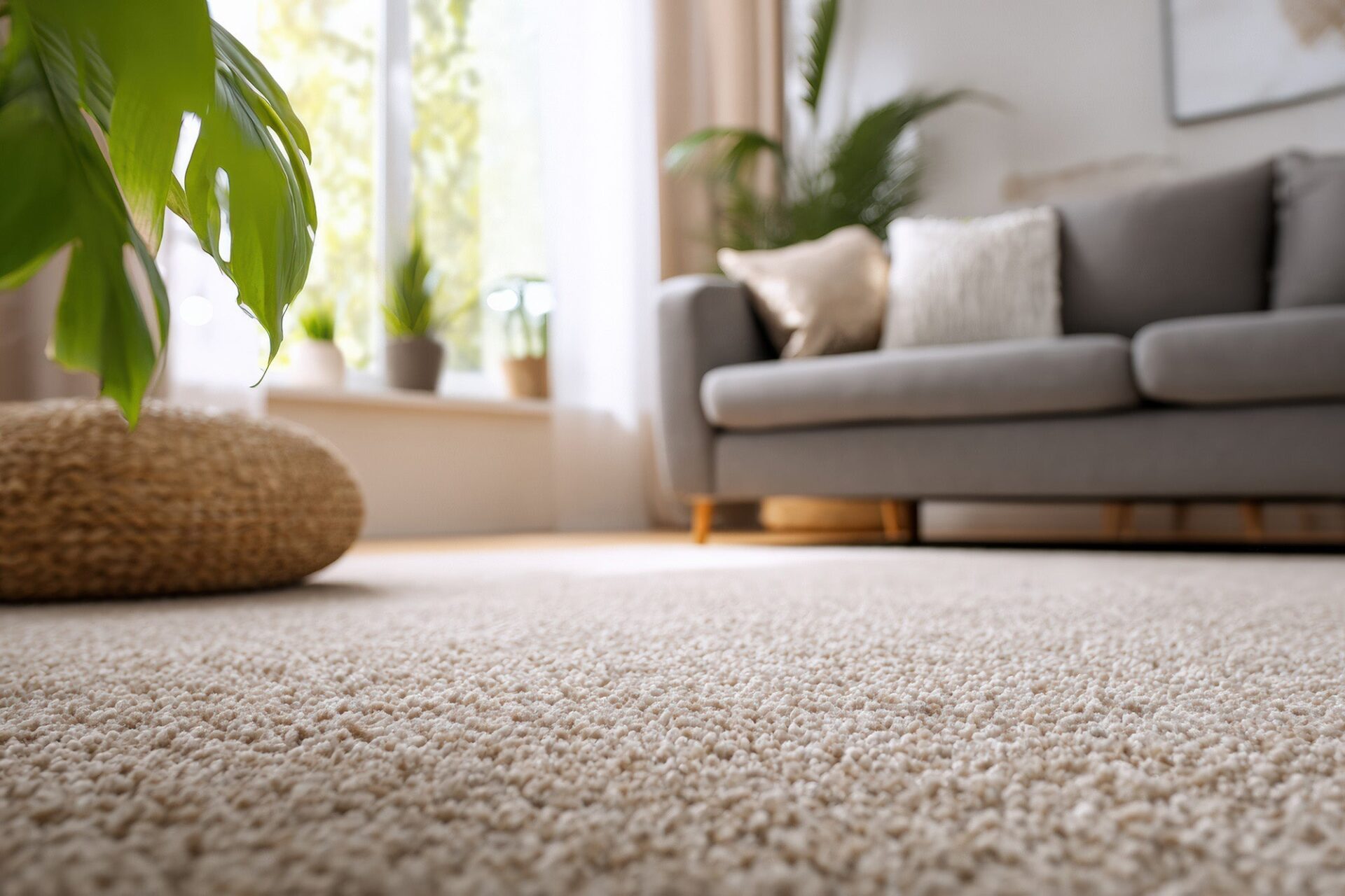 Beige carpet in light, airy living room