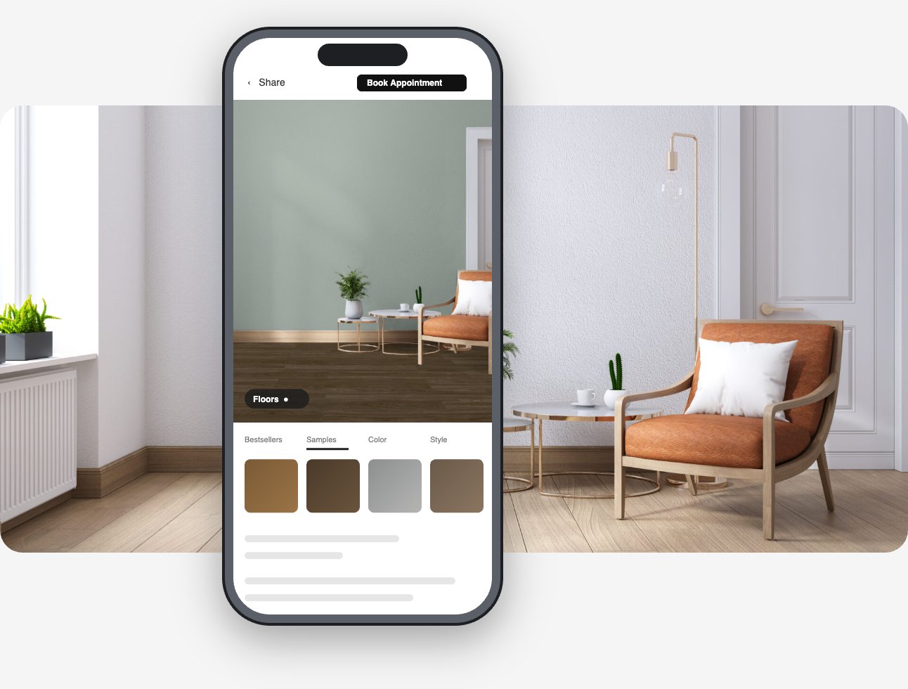 Roomvo flooring visualizer on a phone showing a room with new flooring